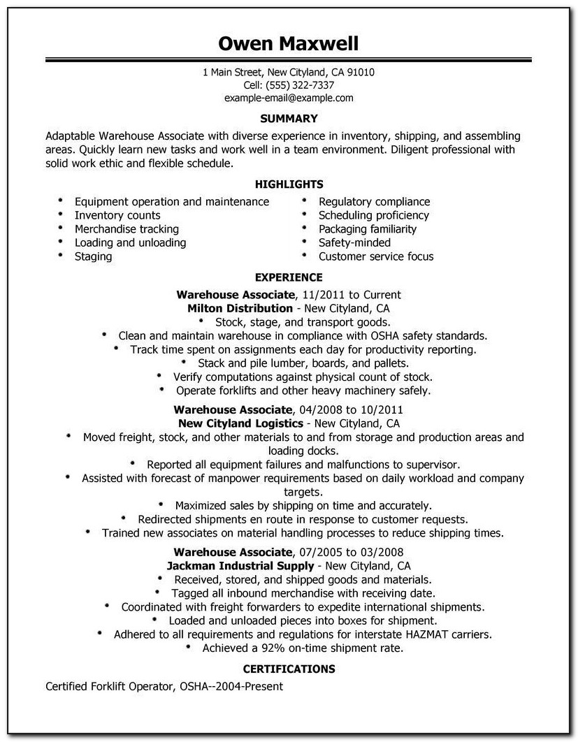 Sample Resume Warehouse Supervisor Job Objectives
