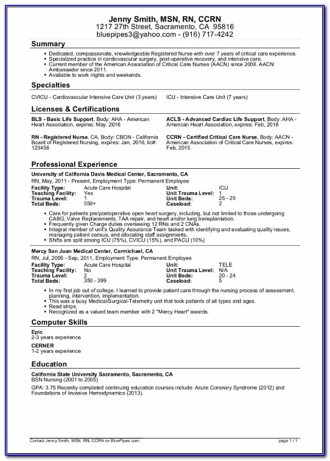 Sample Rn Resume 2 Year Experience