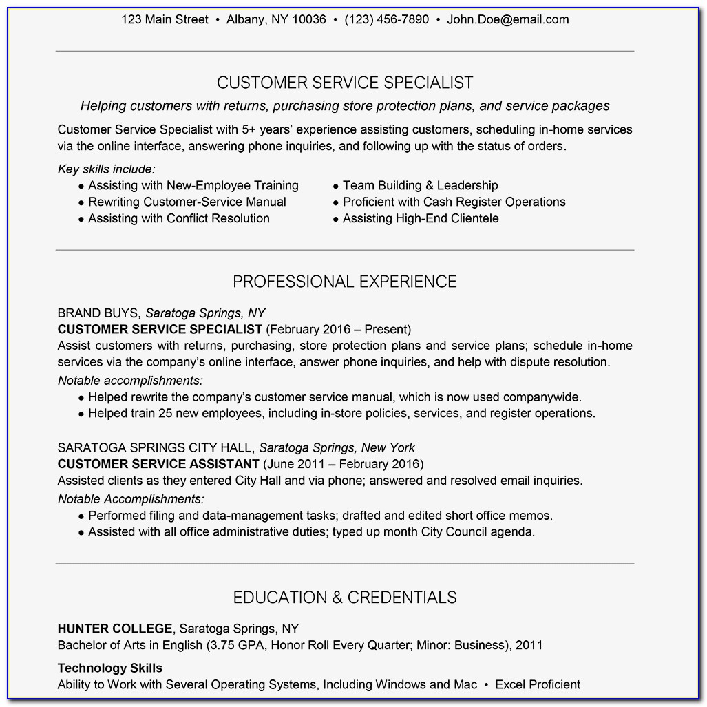 Samples Of Resume For Customer Service Representative
