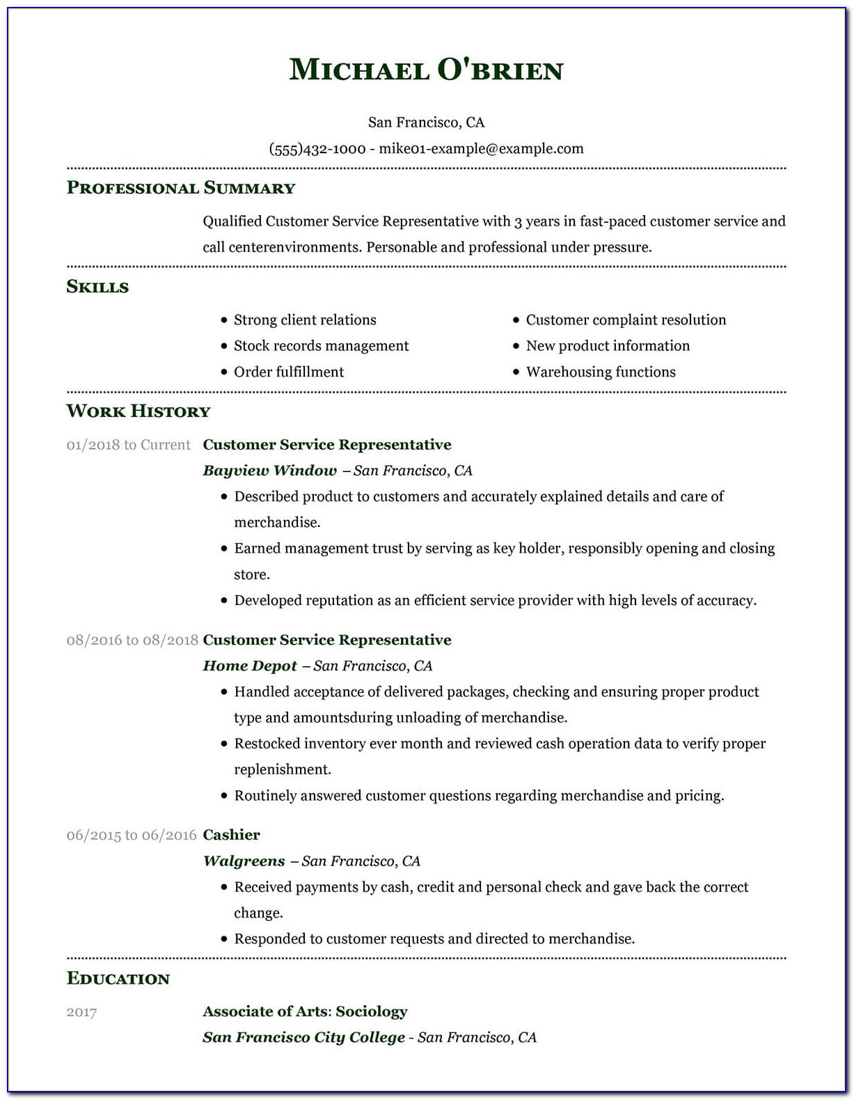 Samples Of Resumes For Customer Service