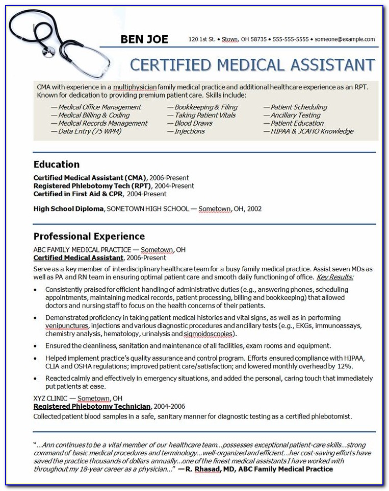 Samples Of Resumes For Medical Assistant