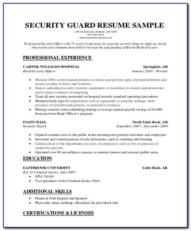 Security Guard Resume Format In Word