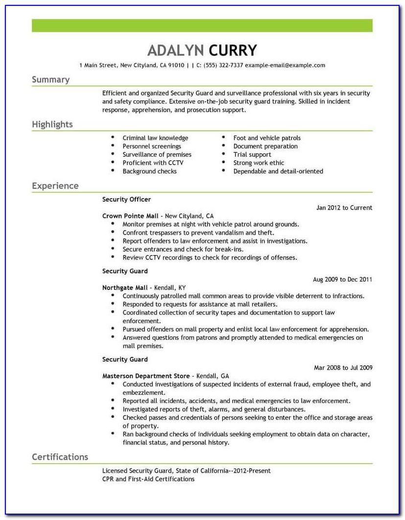 Security Guard Resume Sample No Experience