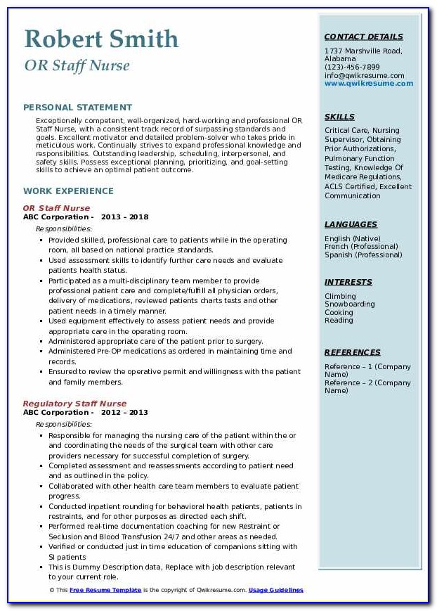 Staff Nurse Sample Resume Work Experience