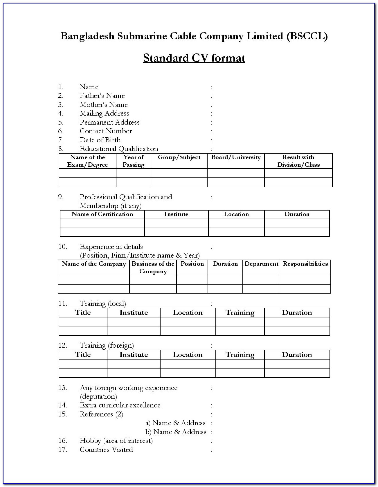 Standard Cv Format Doc For Bangladesh