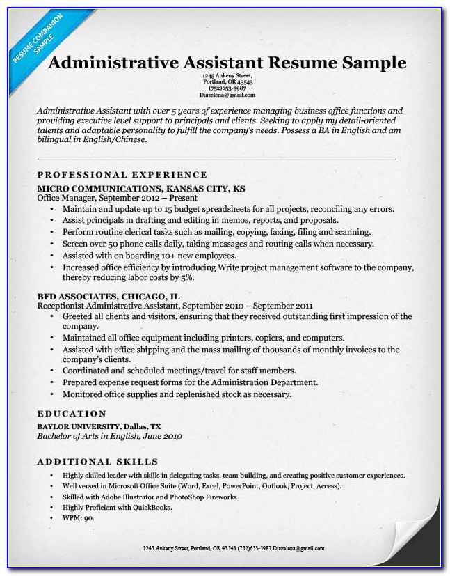 Free Sample Resume For Admin Assistant