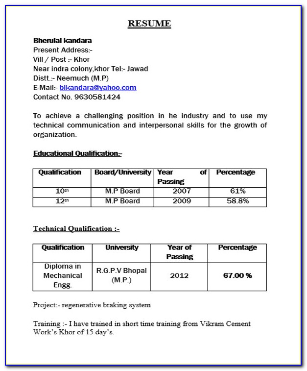Latest Resume Format For Freshers 2019