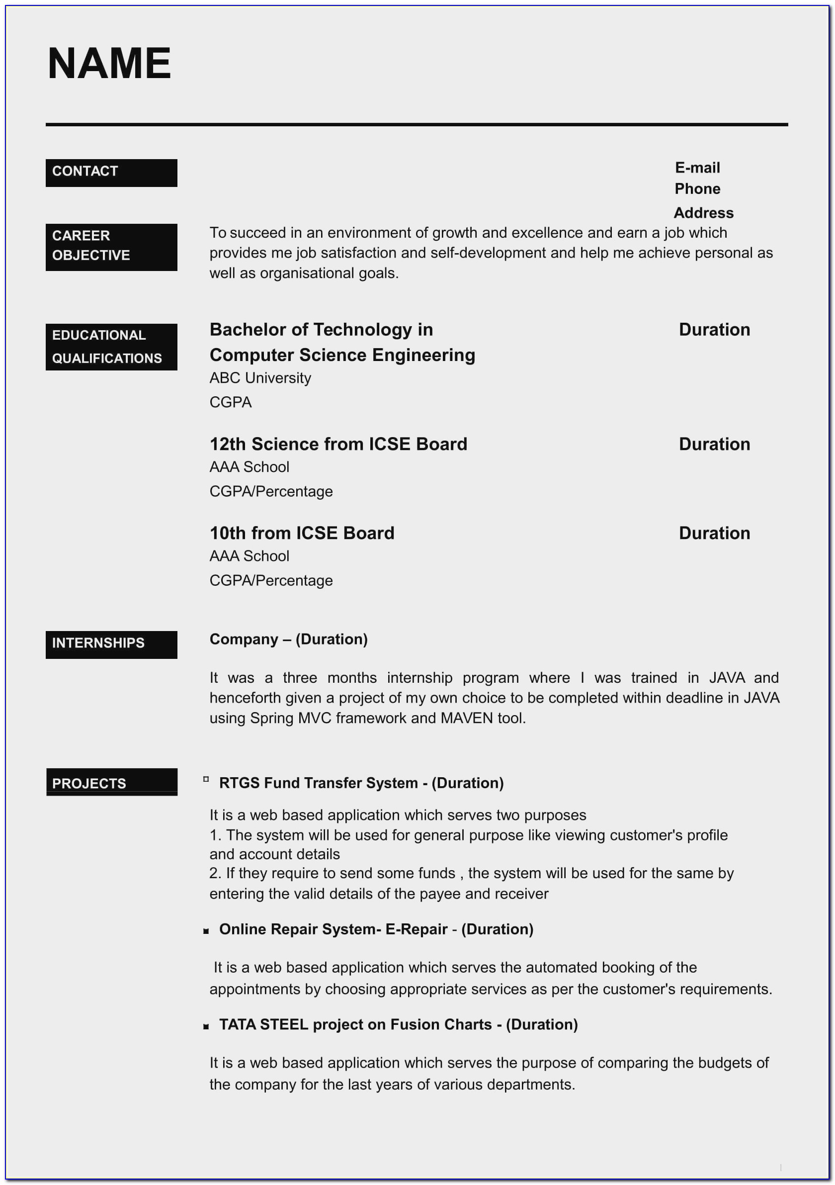 Latest Resume Format For Freshers Engineers Computer Science
