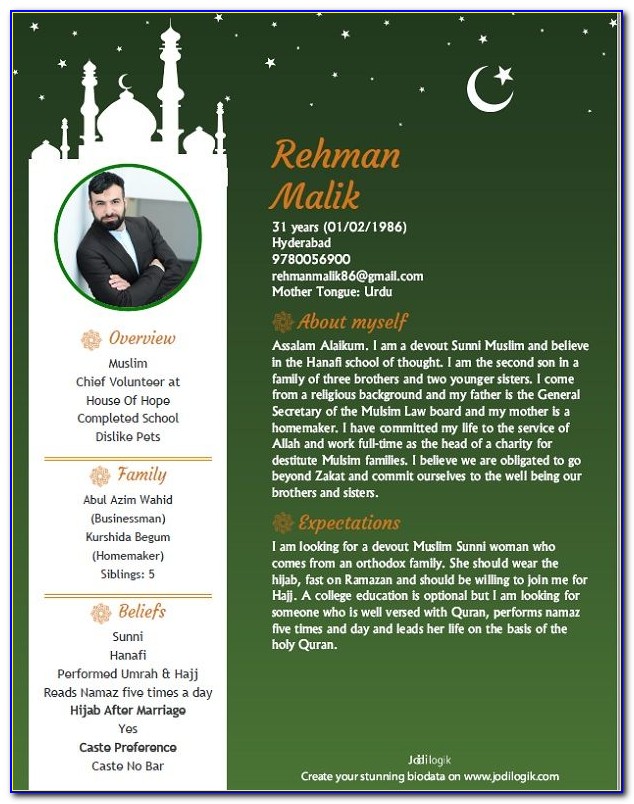 Muslim Marriage Resume Format For Boy