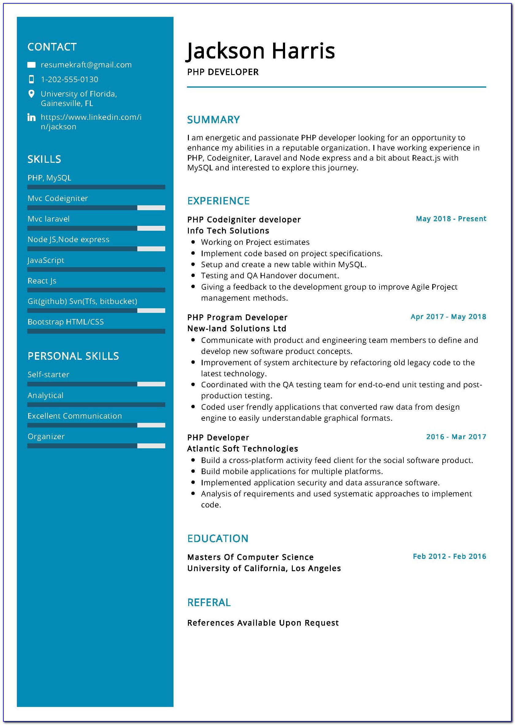 Php Developer Resume For 1 Year Experience