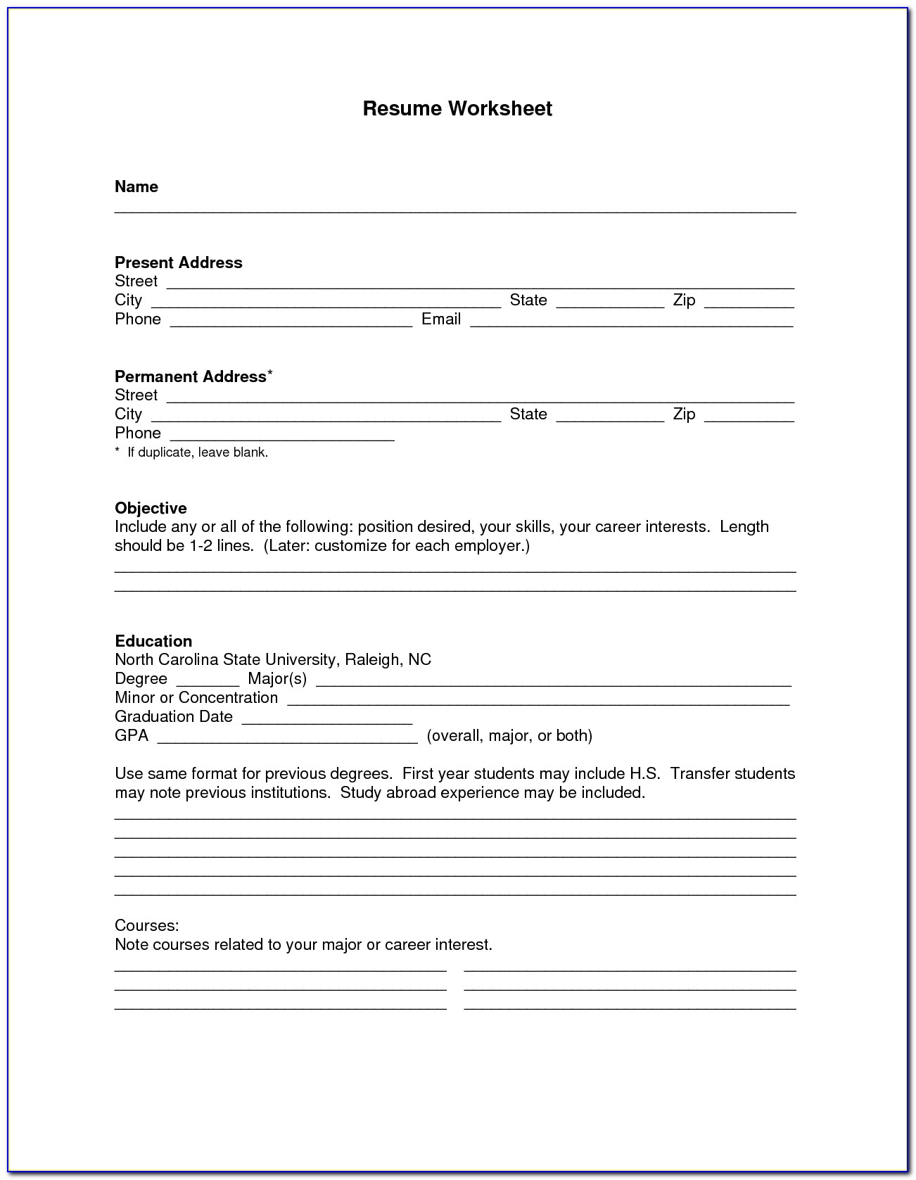 Printable Blank Resume Form
