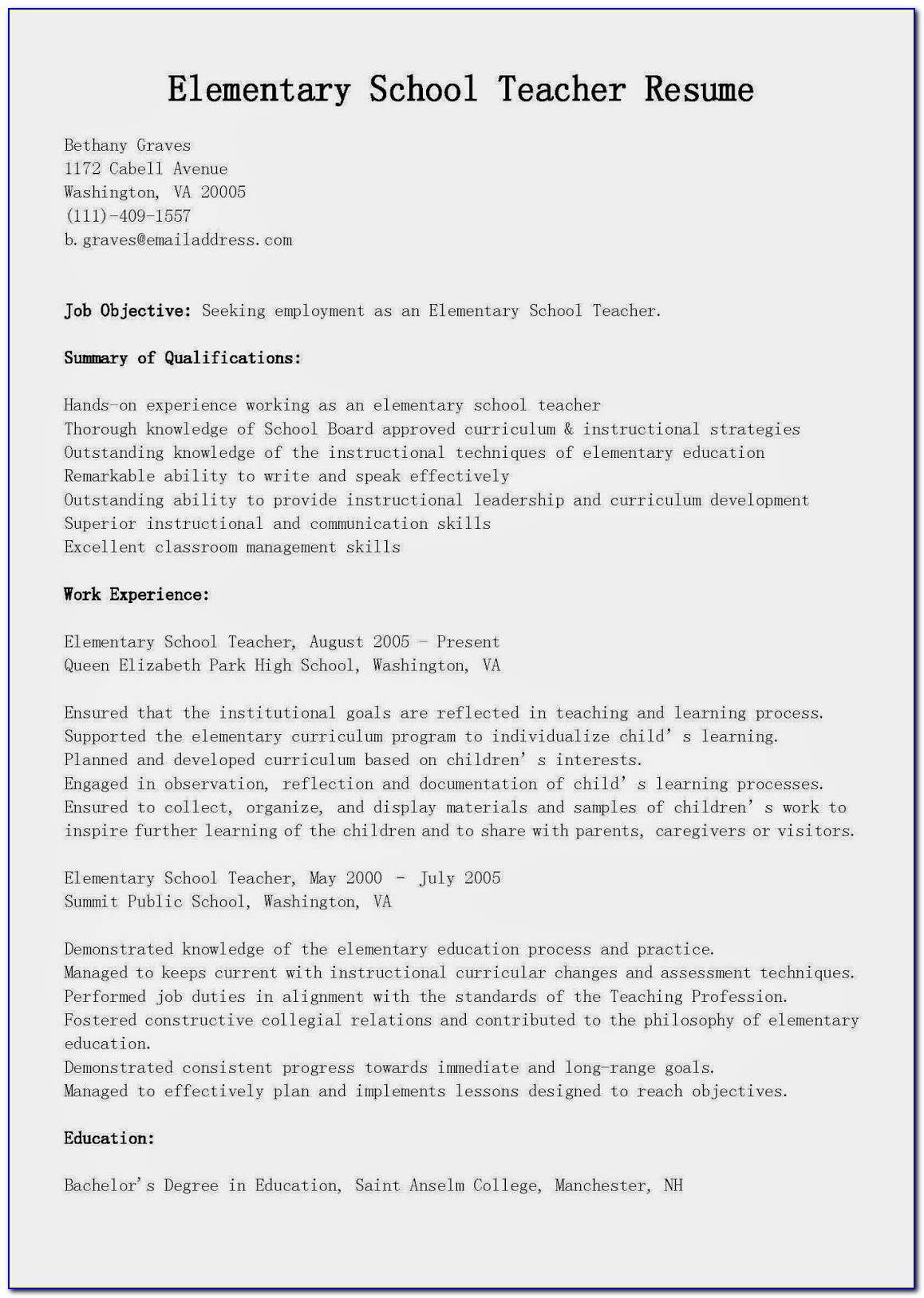Resume Examples For Teaching Jobs