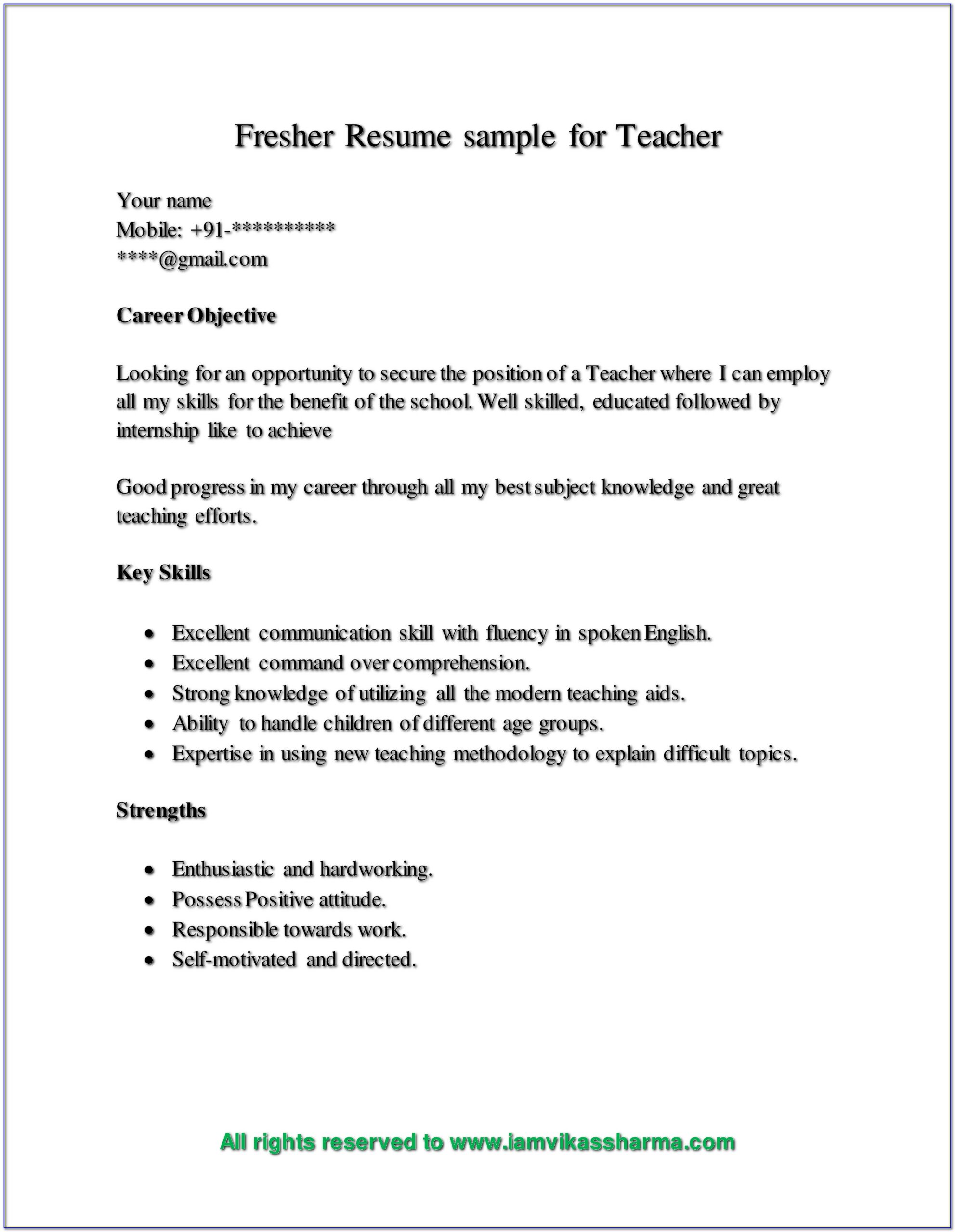 Resume Samples For Teaching Job Fresher