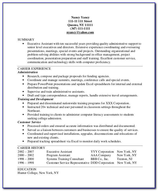 Sample Resume Format For Executive Assistant