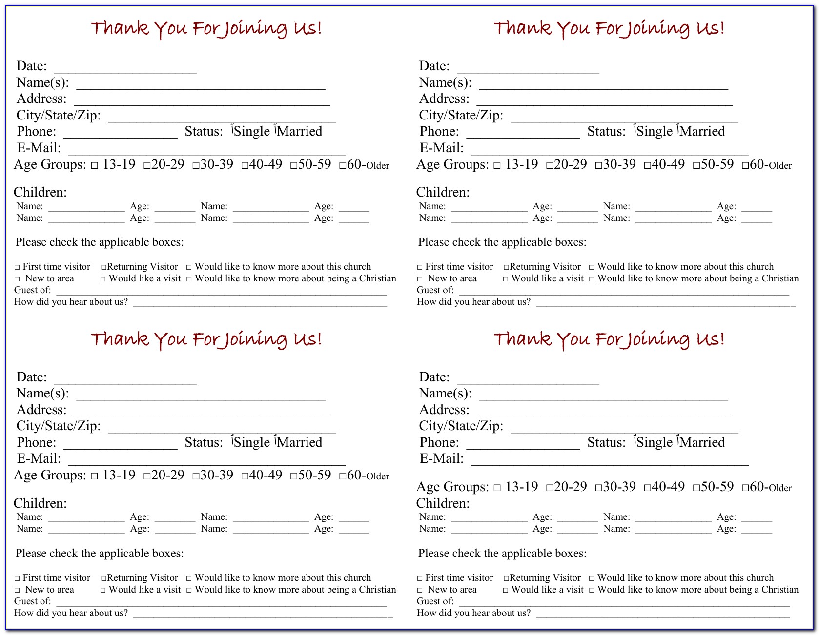 Church Visitor Welcome Card Template