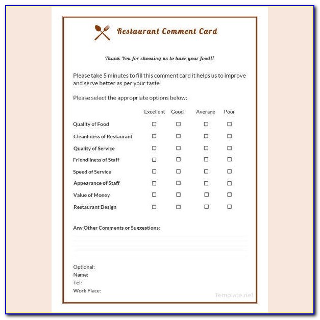 Comment Card Template Excel