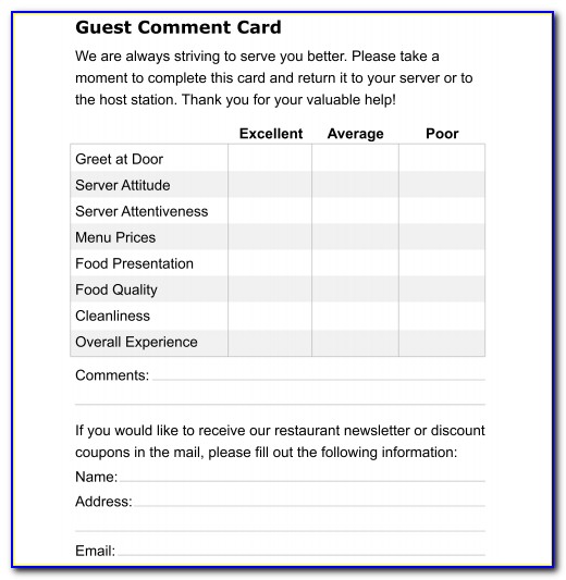 Comment Card Template Word