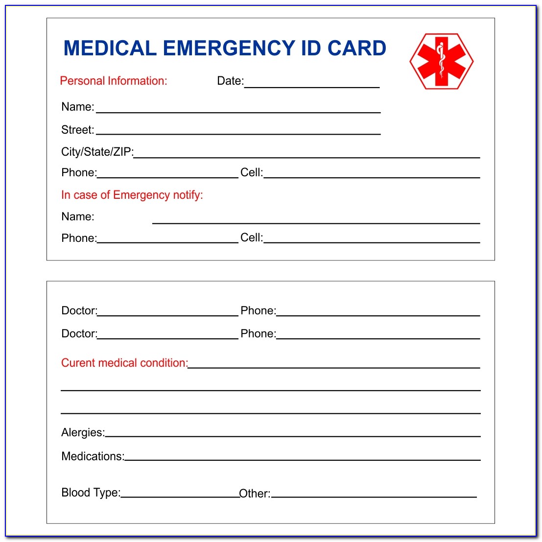 Emergency Medical Card Template