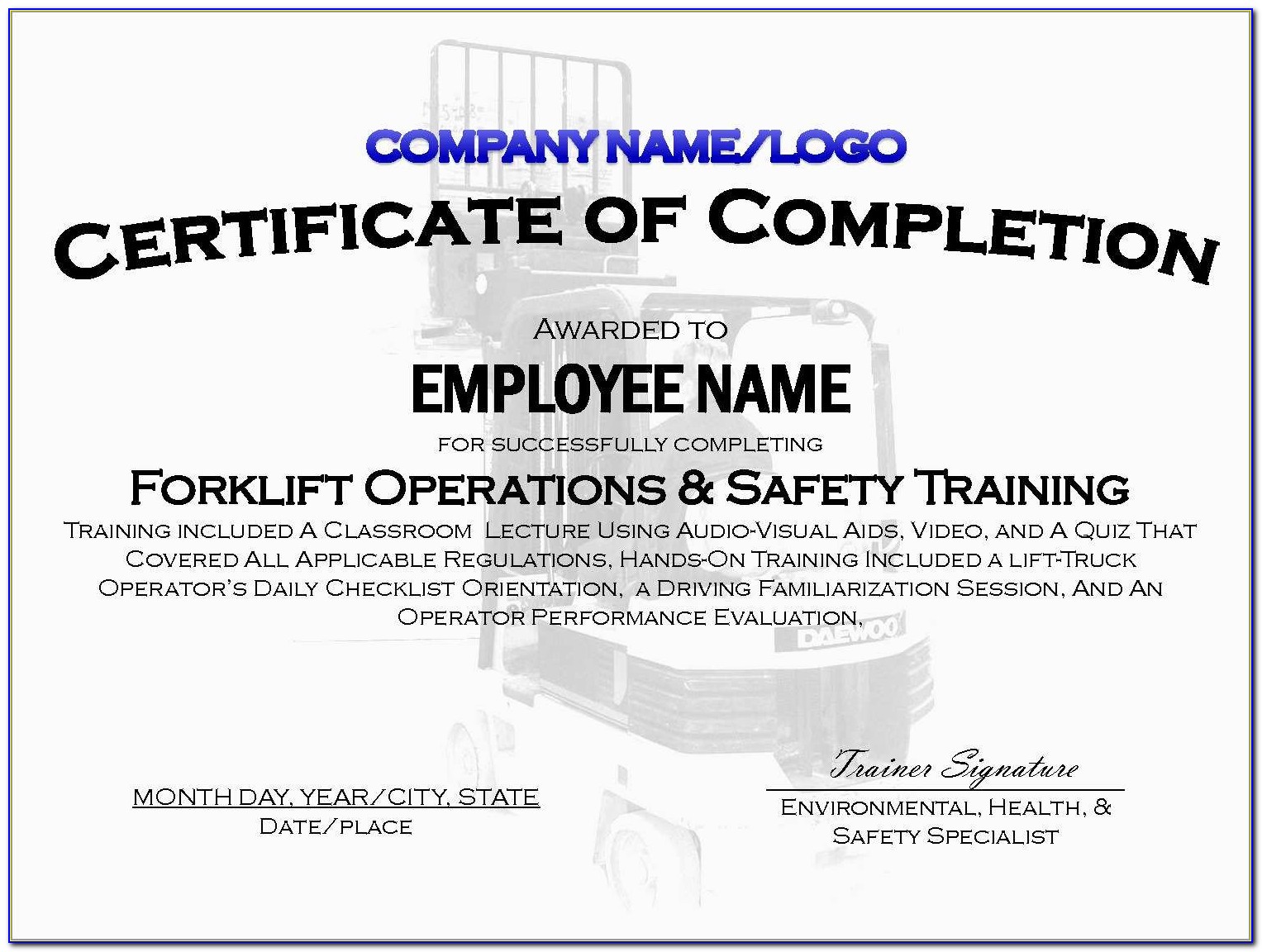 Forklift Certification Card Template Xls