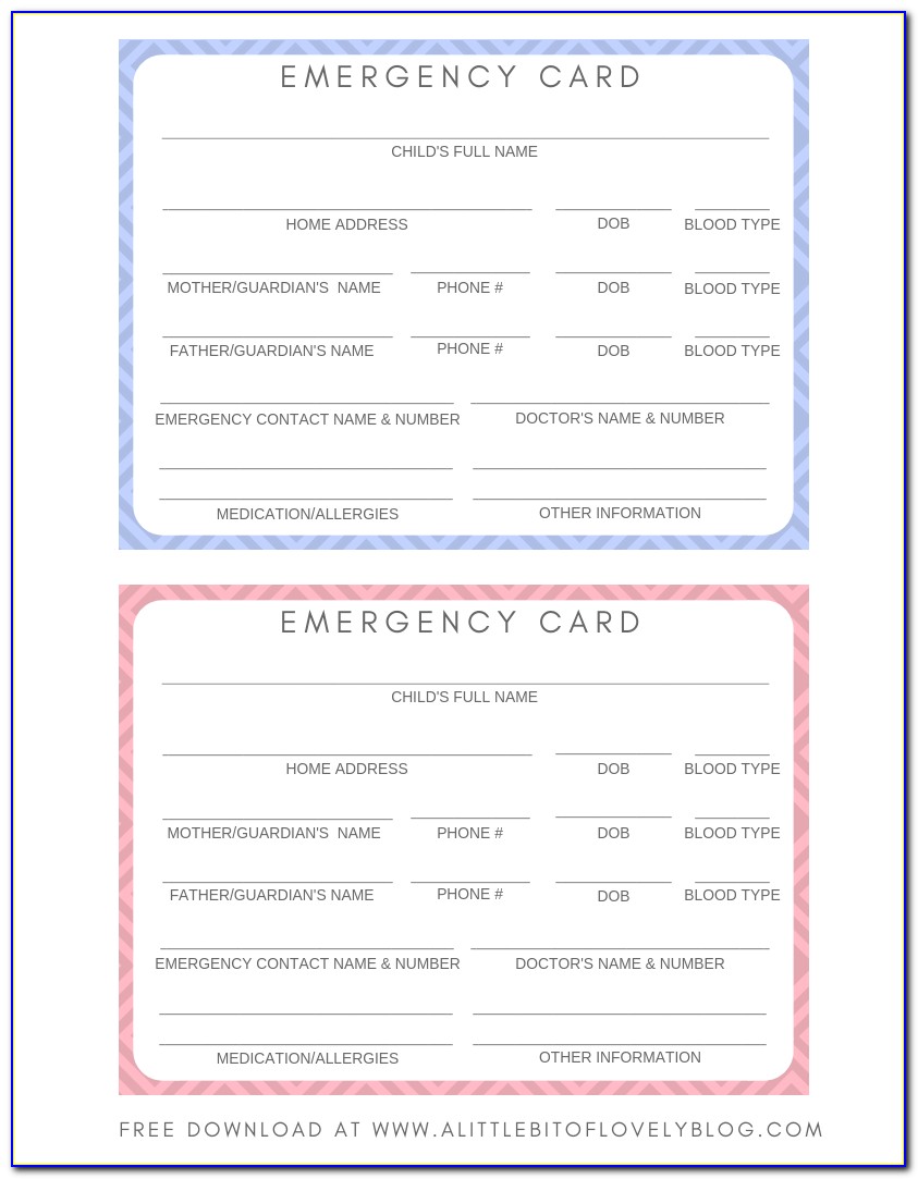Printable Emergency Card Template Free