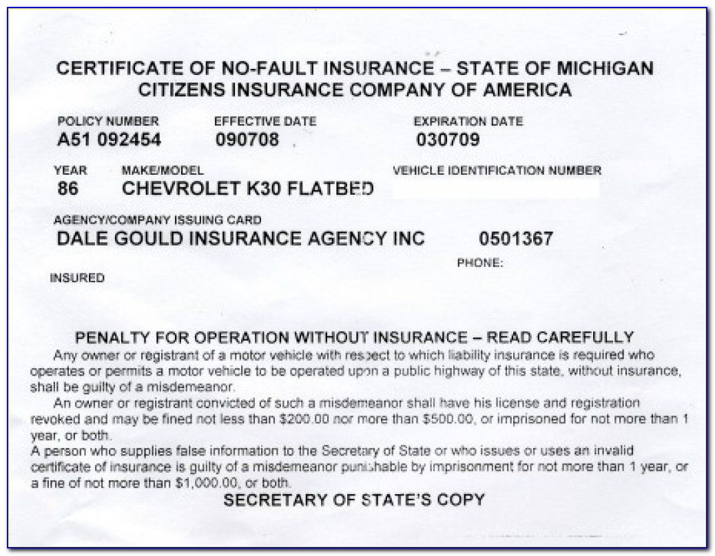 Proof Of Auto Insurance Card Template
