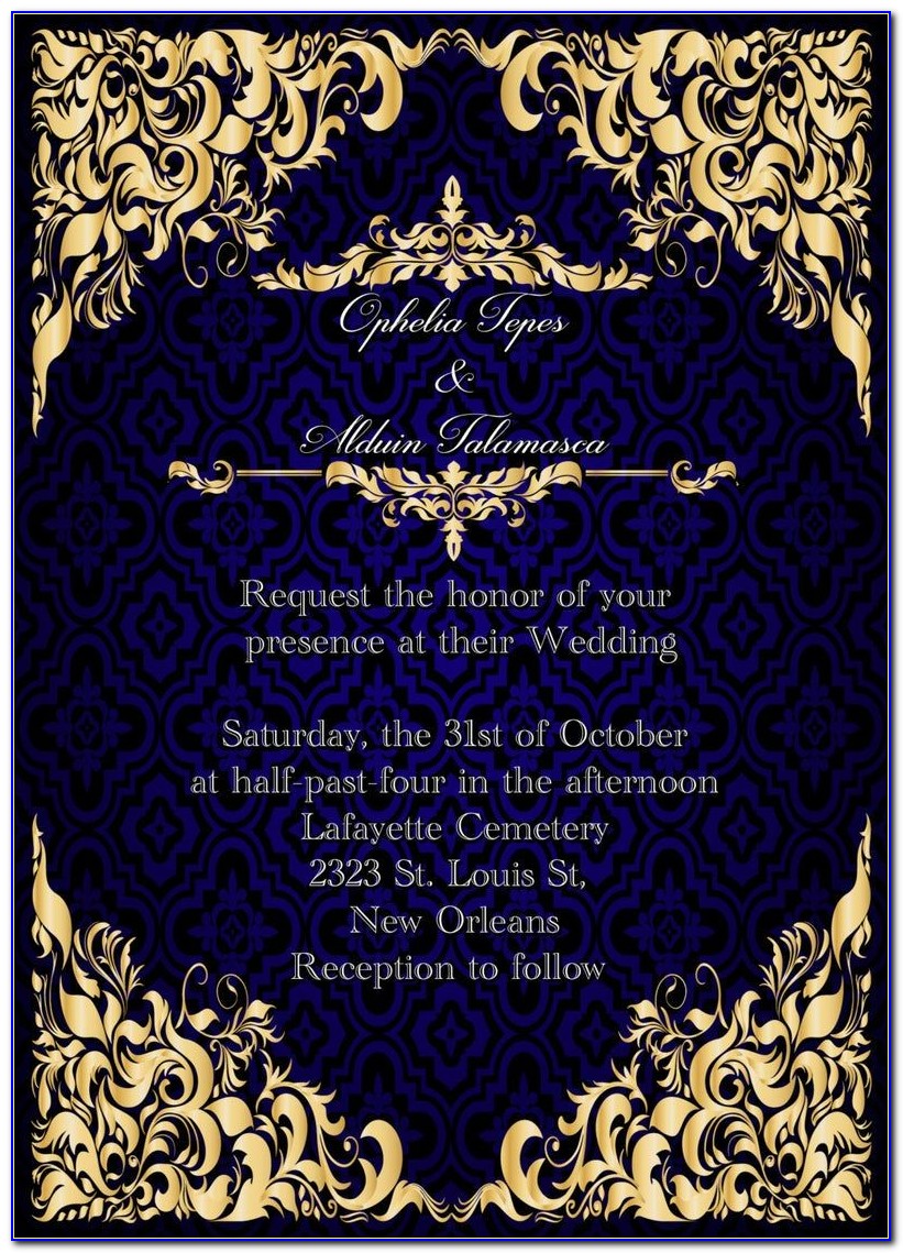 Royal Blue And Gold Wedding Invitation Card