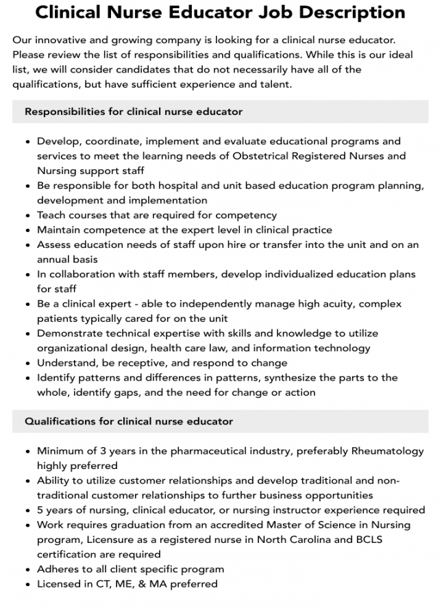 Clinical Nurse Educator Job Description  Velvet Jobs