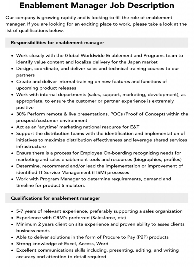 Enablement Manager Job Description  Velvet Jobs