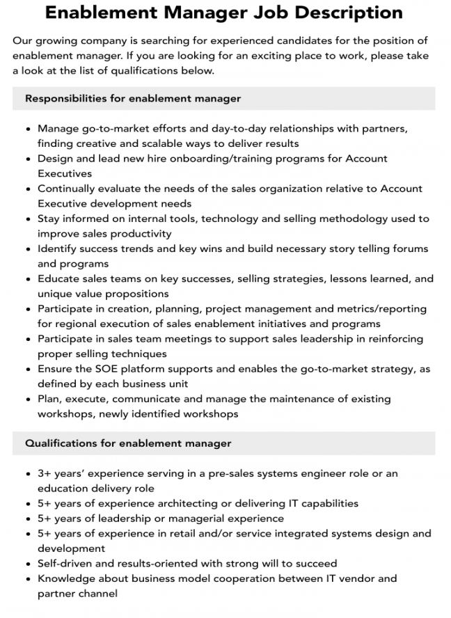 Enablement Manager Job Description  Velvet Jobs