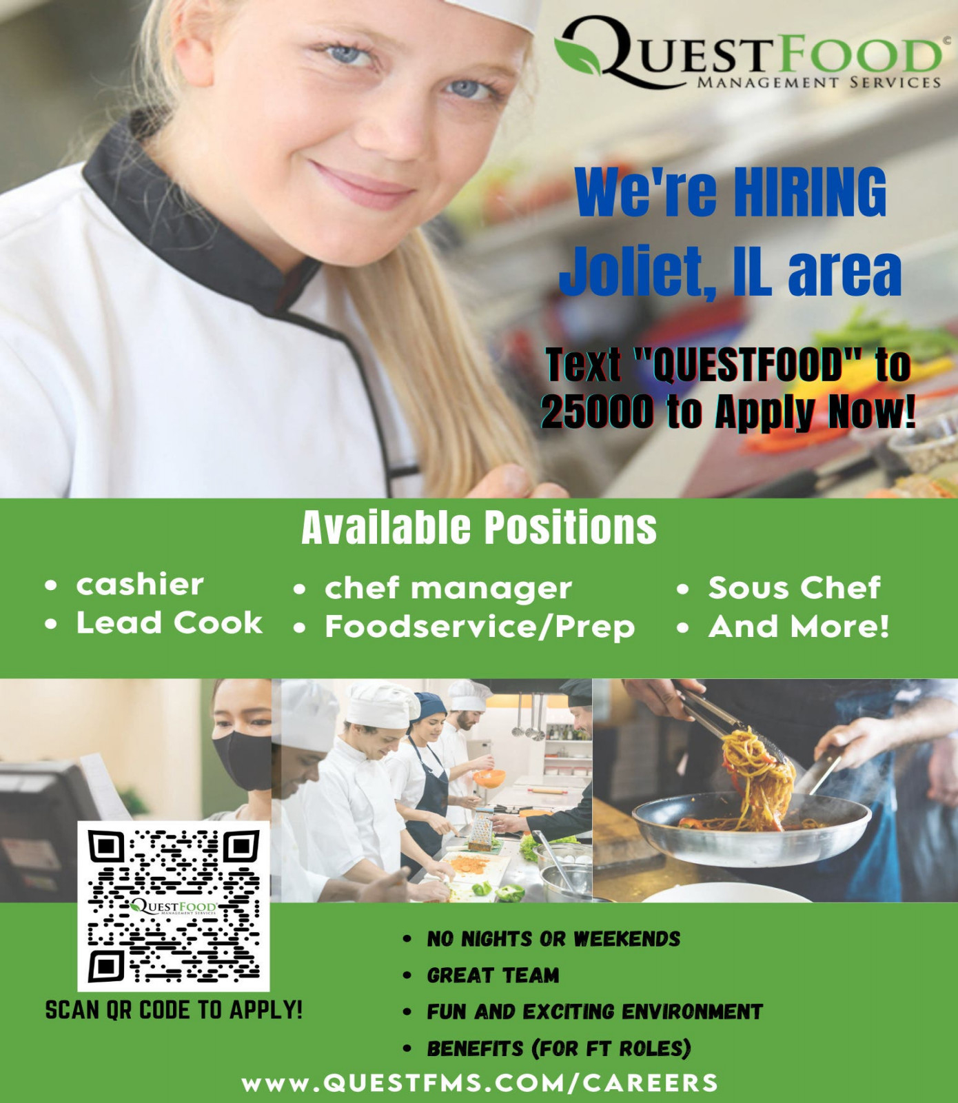 Quest Food Hiring in Joliet (Chef Manger, Sous Chef, Lead Cook