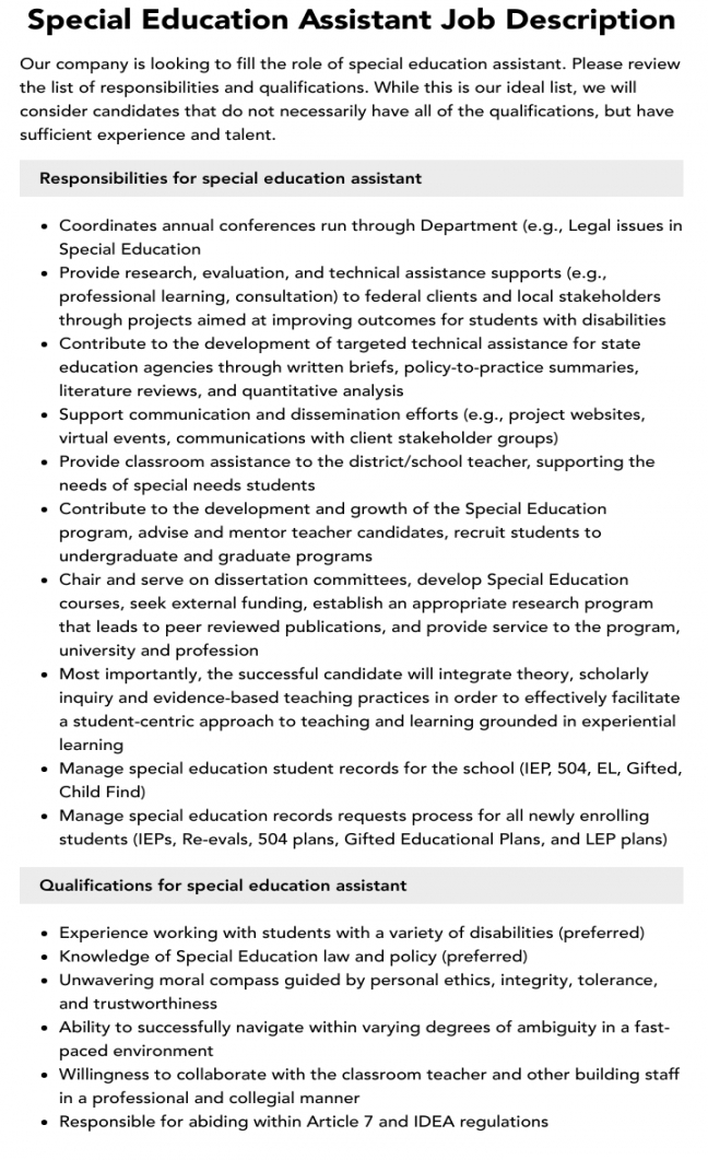 Special Education Assistant Job Description  Velvet Jobs