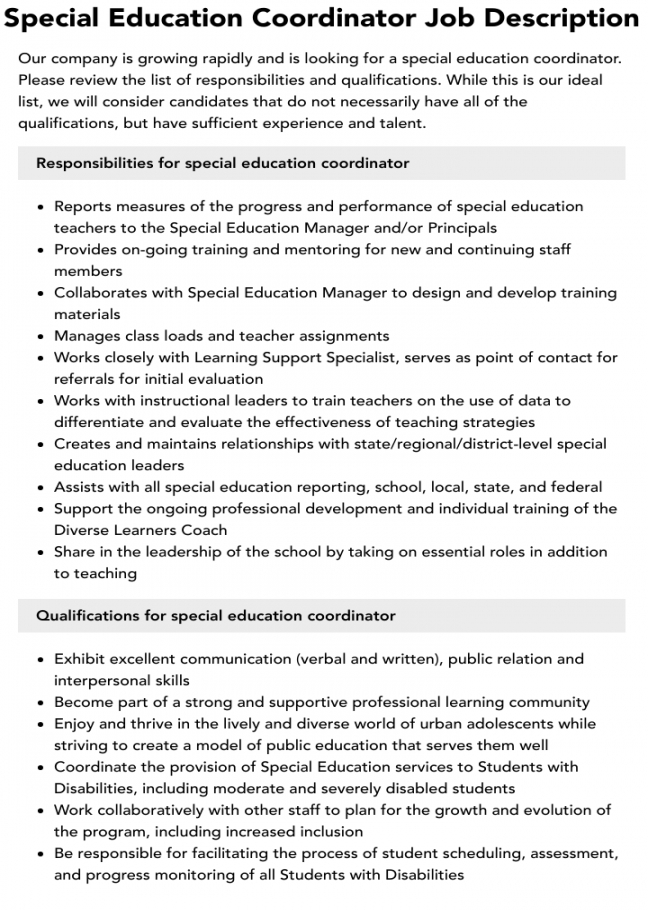 Special Education Coordinator Job Description  Velvet Jobs