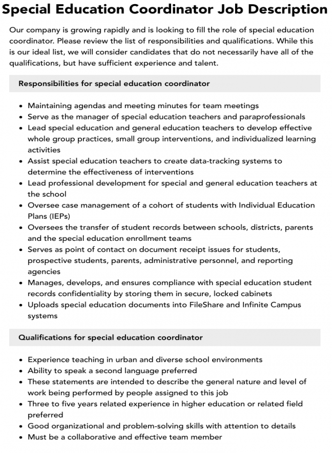 Special Education Coordinator Job Description - Special Ed Coordinator: Managing Programs For Diverse Needs