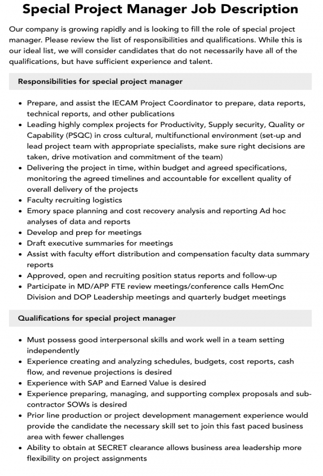 Special Project Manager Job Description  Velvet Jobs