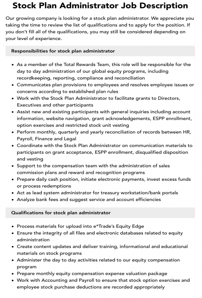 Stock Plan Administrator Job Description  Velvet Jobs