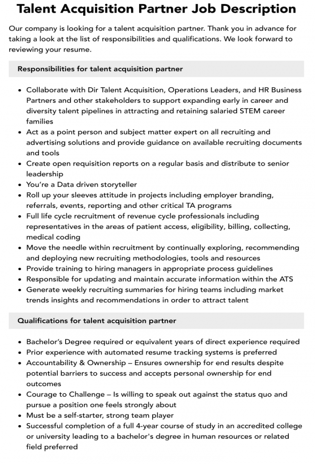 Talent Acquisition Partner Job Description - Talent Acquisition Partner: Finding Top Talent For Your Team