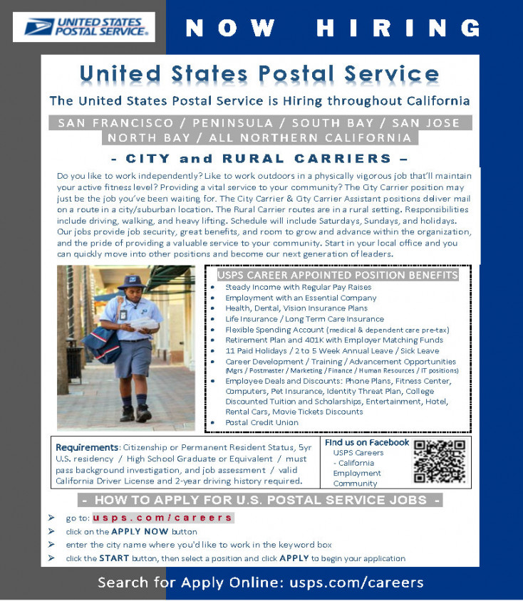 US Postal Service is hiring throughout California  County of Glenn