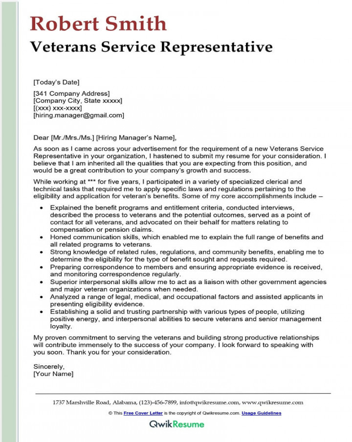 Veterans Service Representative Cover Letter Examples - QwikResume