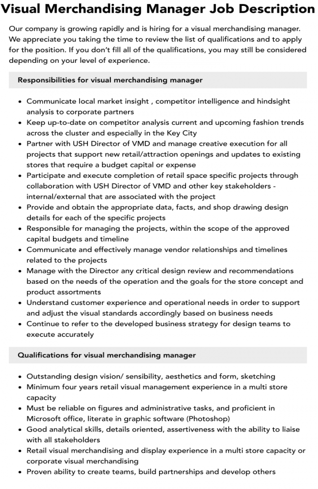 Visual Merchandising Manager Job Description  Velvet Jobs